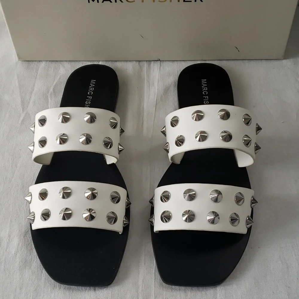 Marc Fisher White Studded Double-Strap Slide Sandals